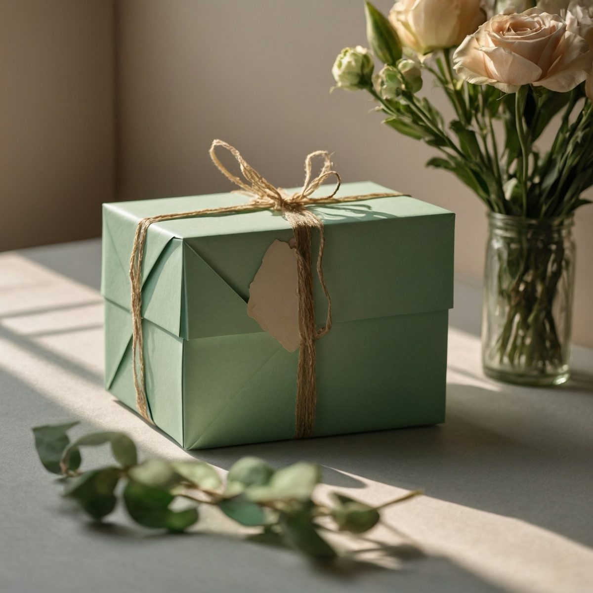 A mint green gift box tied with twine beside fresh flowers